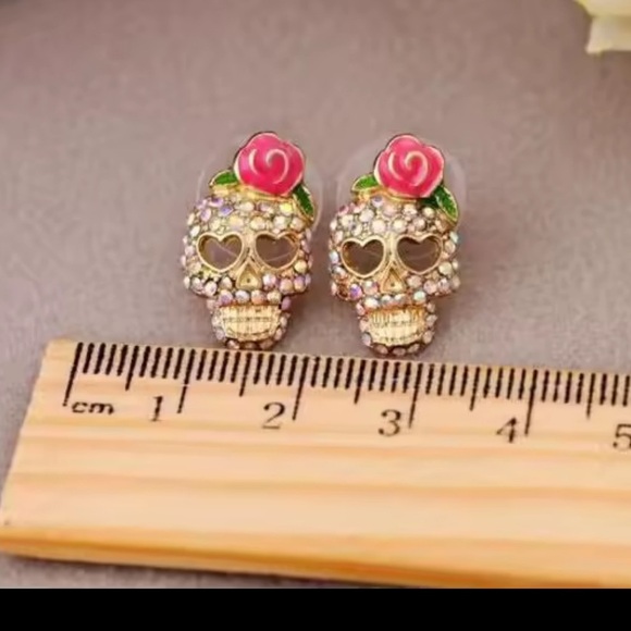 Pink Skull Skeleton Gold Crystal Earrings - Picture 3 of 13